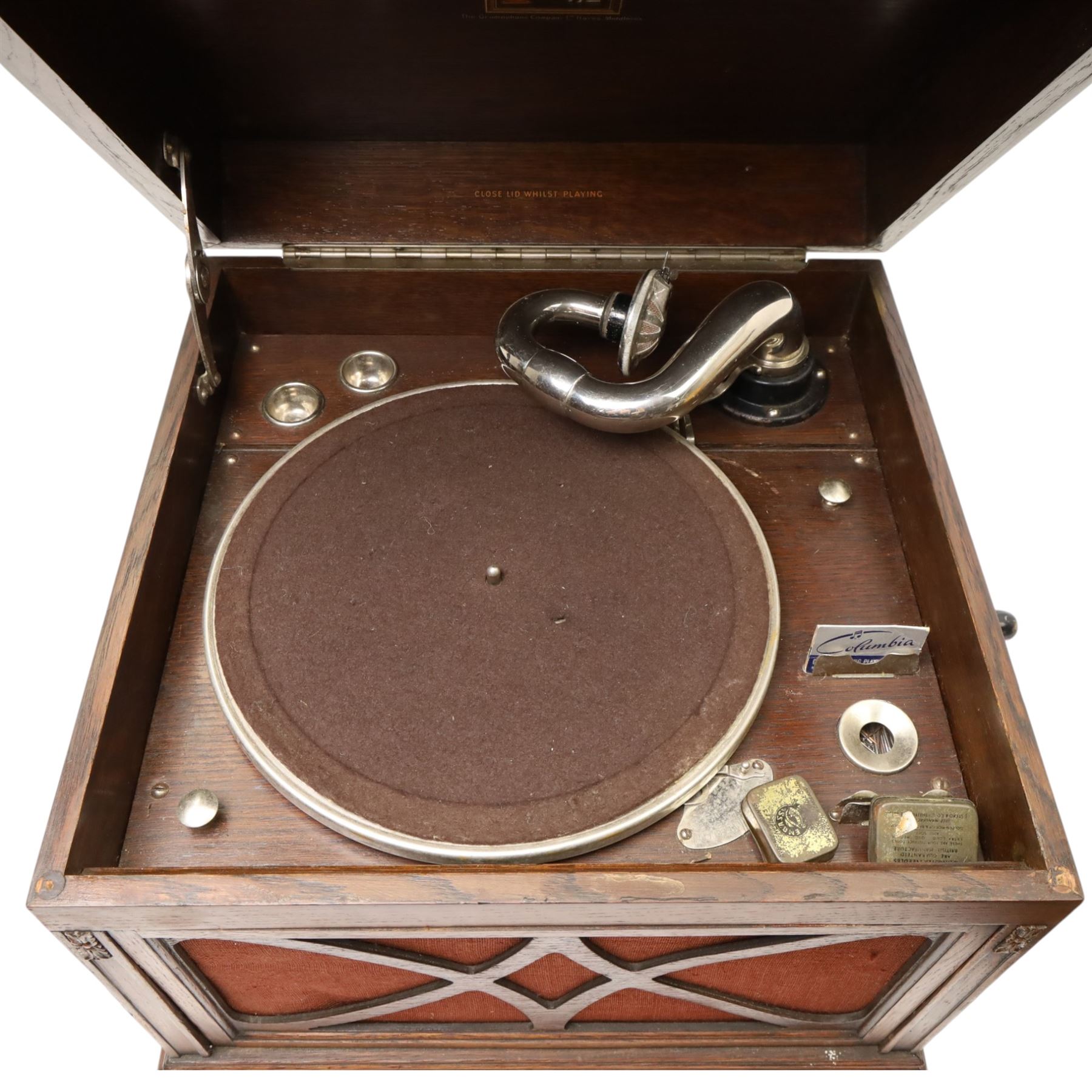 HMV wind up gramophone in oak case and a tool box and contents
