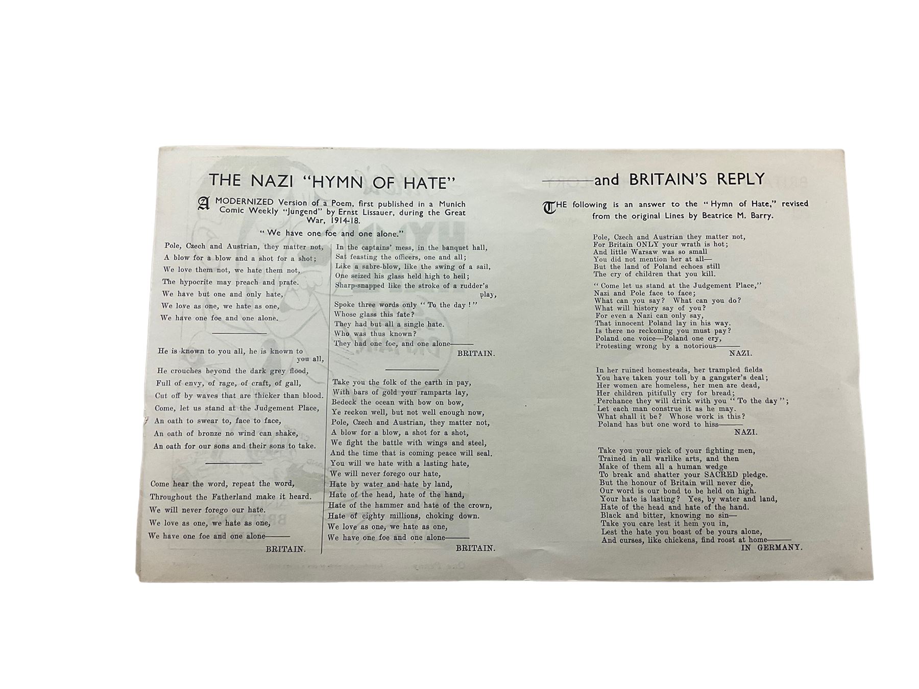 Collection of thirty reproduction propaganda leaflets 'Hitlers Hymn of Hate and Britain's Reply'