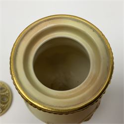 Royal Worcester blush ivory vase and cover, the vase of baluster form on gilt claw feet, shape No.1019, with printed beneath, Together with Limoges dish, vase H16cm