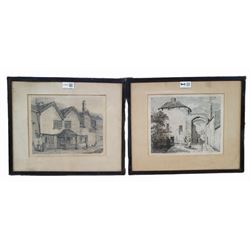 After Henry Cave (British 1779-1836): 'Castle Gate Postern' and 'Peaseholme Green', pair 19th century engravings; Tony Haigh (British c1936-2012): 'From Hepton' West Yorkshire, watercolour signed and titled, and a further coastal watercolour (4)