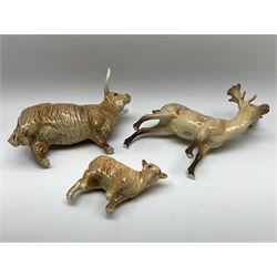 Collection of Beswick figures, comprising highland cow model no 1740, highland calf model no 1827d, and stag model no 981. 