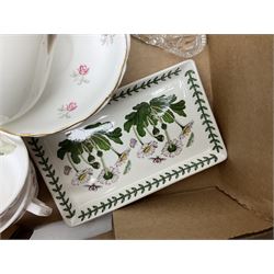 Quantity of ceramics to include Kernewek Cornwall tea wares, pair of Royal Doulton Islamic series plates, sage green Wedgwood Jasperware, Coclough tea wares, glassware etc in two boxes