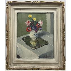 Agostino Bosia (Italian 1886-1962): Still Life of Pansies and Flowers in a Vase, oil on board signed and dated '55, 48cm x 38cm