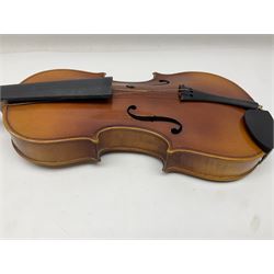 Czechoslovakian violin c1920 with 36cm two-piece maple back and ribs and spruce top, bears label 'Copy of Antonius Stradivarius Made in Czechoslovakia' L59cm; in carrying case; 1950s Czechoslovakian violin; and 195os Czechoslovakian three-quarter size violin; both cased (3)