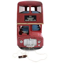 Tri-ang pressed steel pull-along London Transport Routemaster Double-Decker Bus, LIB4242, Route no.93 with destinations Wimbledon, Morden and Putney BDG Station, with red London Transport livery, blue interior, with pull cord and bell, H32cm, L57cm