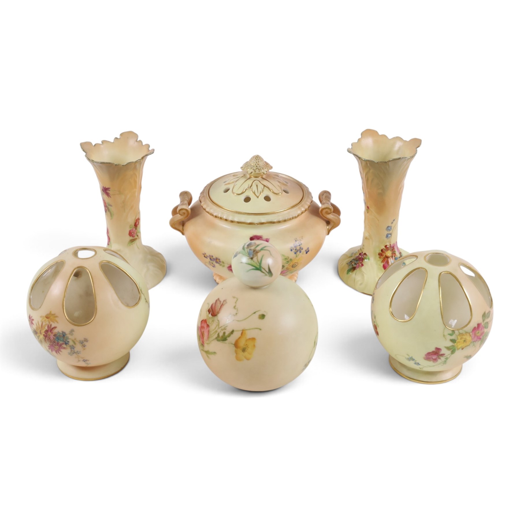 Royal Worcester blush ivory, including pot pourri with pierced cover, scent bottle, pair of bud vases and pair of open pot pourri, vases H12cm