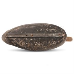 Early 20th century American carved wooden decoy duck, with weight beneath marked CJ Raymond Lead Co Chicago, H19cm, L40cm