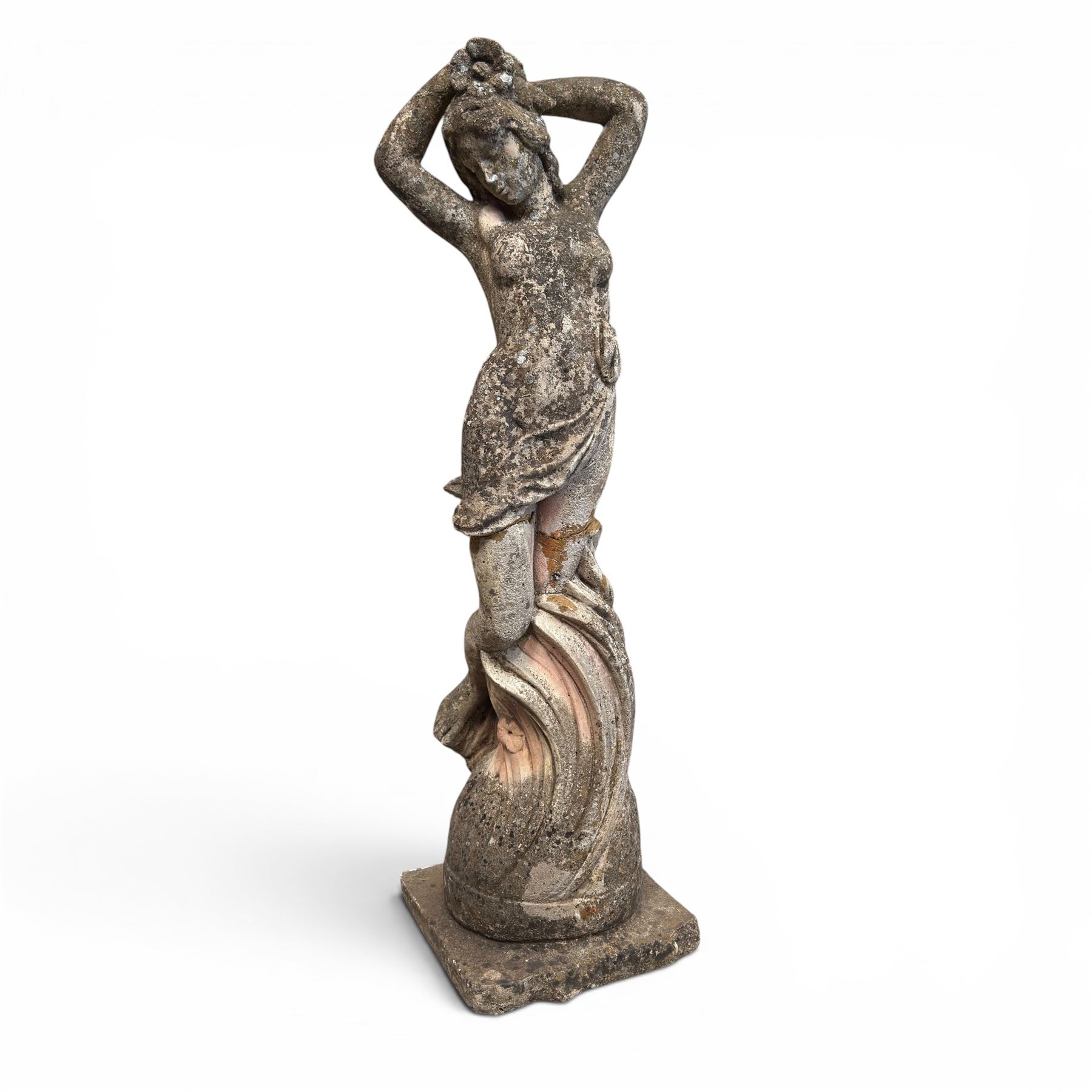 Two composition stone garden figures, comprising a seated boy figure and a standing classical draped female figure, each on square base, weathered painted finish.