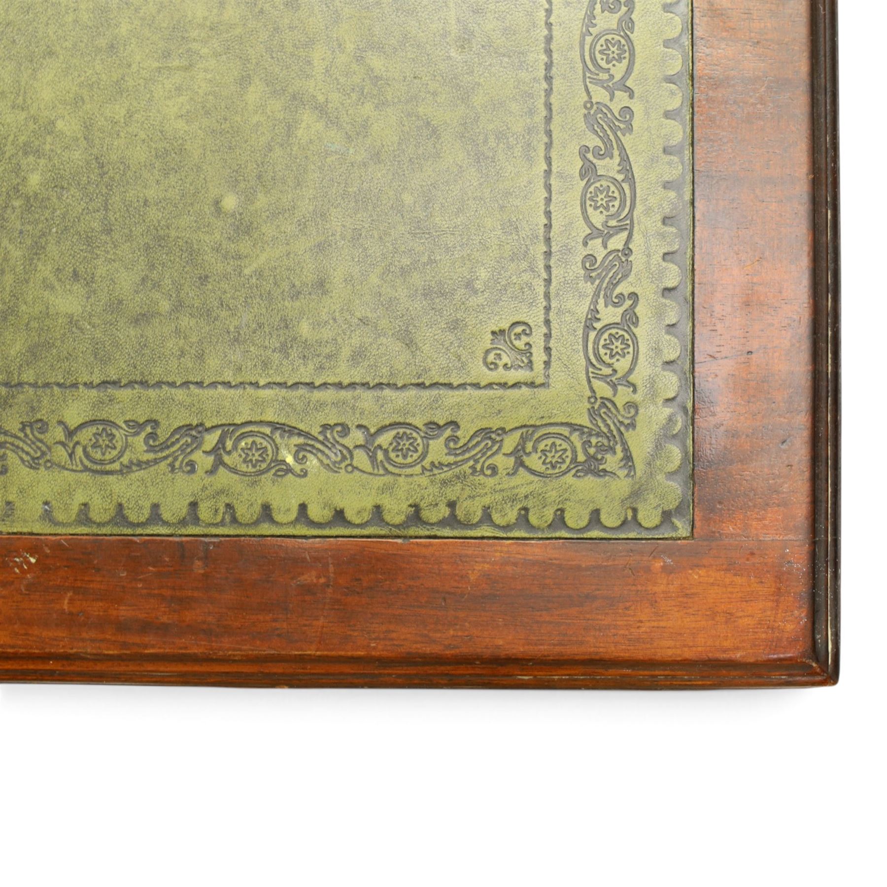 Edwardian mahogany office desk, recatangular top with green inset leather writing surface, fitted with two banks of four drawers, brass swan neck handles with ornate backplates