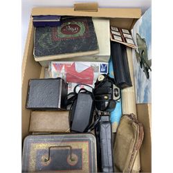 Vintage wooden first aid box with contents H10cm, L27.5cm, together with a large collection of cigarette cards, a collection of stamps, vintage camera and other items, two boxes. 