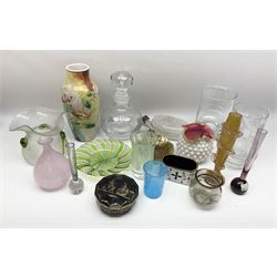 Collection of glassware, to include  glass bowl with twisted and coloured cane work decoration, vase with floral decoration, carnival glass serving tray etc. 