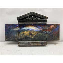 Frank Gordon (Northern British 1943-): 'The Mythology of Landscape - Icon VI', three dimensional acrylic on wood, titled verso with artist's address label 38cm x 66cm
Notes: Frank entered Bolton College of Art at the age of fifteen, followed by thirty years of teaching art and his early retirement in 1995, he moved to Giggleswick in the Yorkshire Dales 