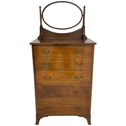 George III design mahogany straight-front chest, raised oval swing mirror with bevelled glass on turned supports, fitted with five graduating drawers with boxwood stringing, on bracket feet