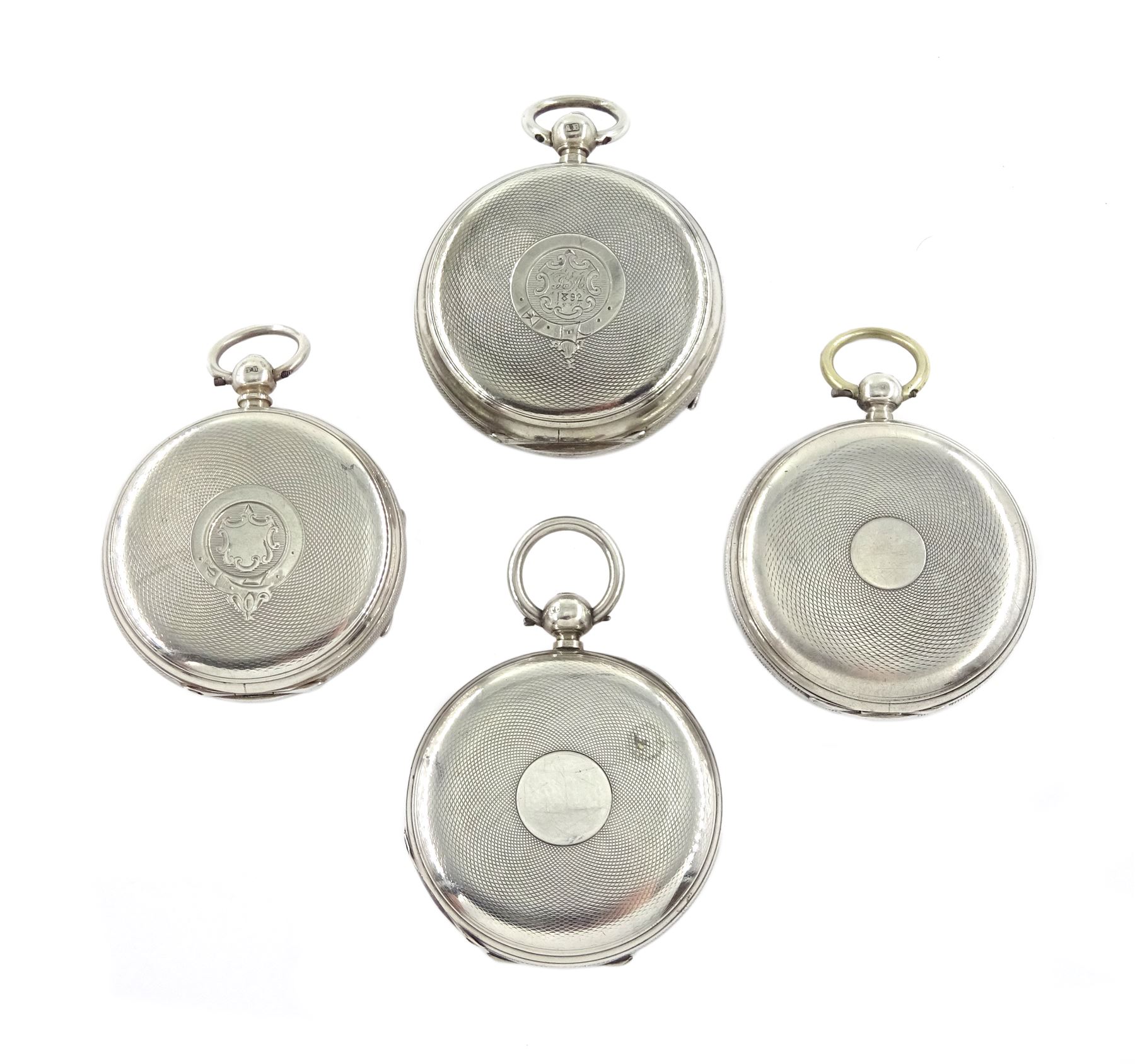 Victorian silver half hunter lever fusee presentation pocket watch by Robert H Halford, silver open face ever fusee by James Miller, Selkirk and two other silver open face lever going barrel pocket watches, all hallmarked (4)