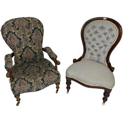Victorian walnut framed open armchair, scrolled arm terminals over spiral turned arm suppo...