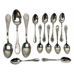 White metal flatware, comprising three table spoons, and ten teaspoons, marked 800, approximate weight 289 grams