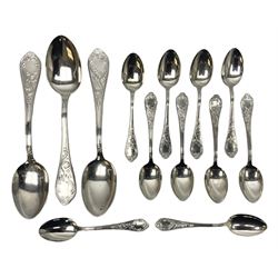 White metal flatware, comprising three table spoons, and ten teaspoons, marked 800, approximate weight 289 grams