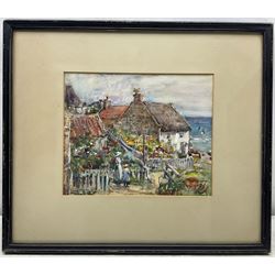 Rowland Henry Hill (Staithes Group 1873-1952): Lady Palmer's Cottage Runswick Bay with Children in the foreground, watercolour and bodycolour signed and dated 1922, 22cm x 27cm 