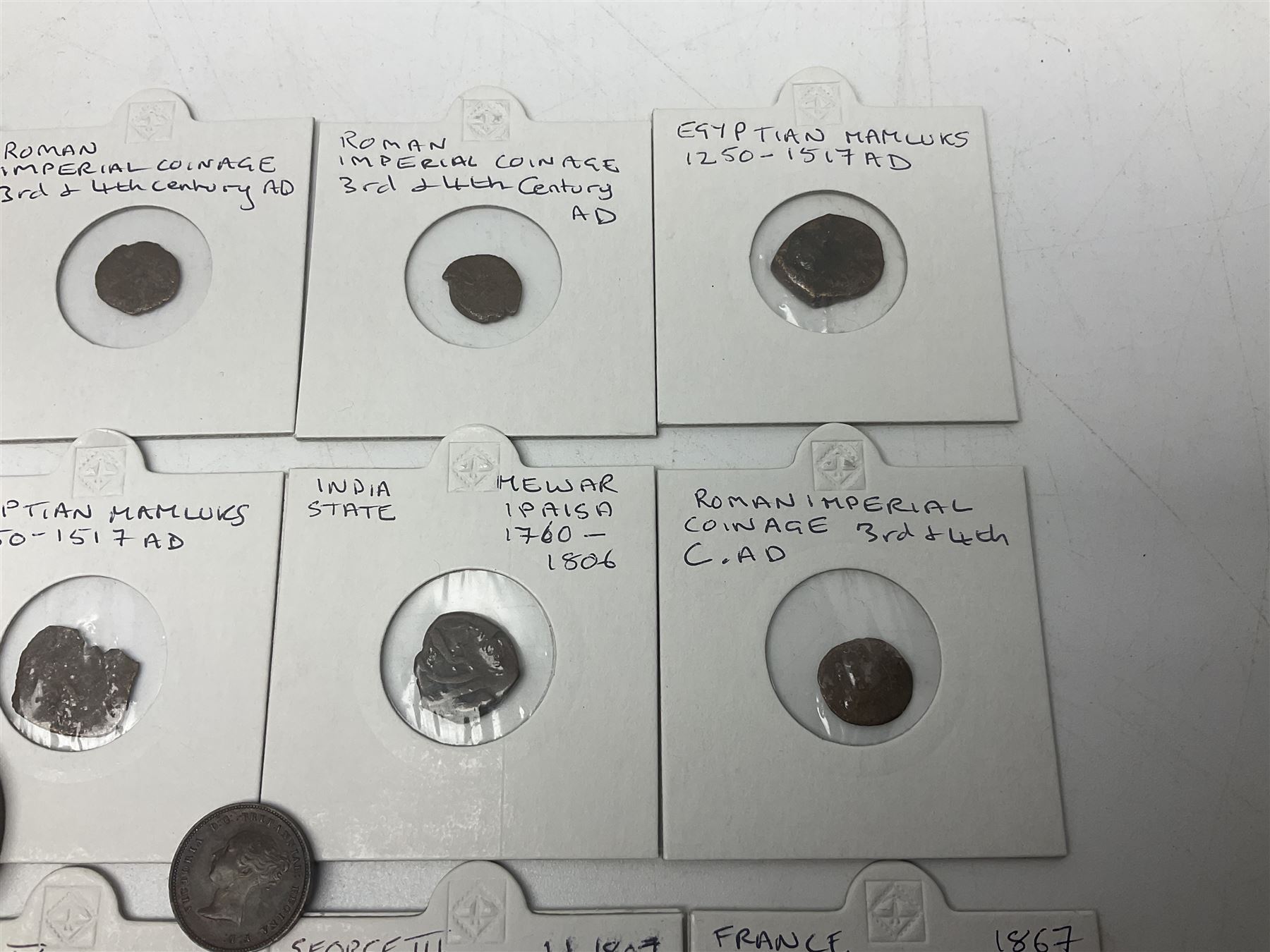 Coins including George III 1807 penny, George IV 1821 farthing, France Napoleon III 1867 one franc etc