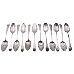Two sets of six George III silver Old English pattern bright cut engraved teaspoons, the first set hallmarked John Lambe, London 1785, the second hallmarked Duncan Urquhart & Naphtali Hart, London 1805, approximate total weight 5.07 ozt (157.7 grams)