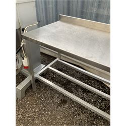 Aluminium framed preparation table with stainless top, barred under-tier, raised back, fixing bolts on top - THIS LOT IS TO BE COLLECTED BY APPOINTMENT FROM DUGGLEBY STORAGE, GREAT HILL, EASTFIELD, SCARBOROUGH, YO11 3TX