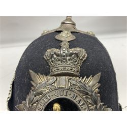 Victorian British Army South Lancashire Regiment 1st Volunteer Battalion other ranks blue cloth home service helmet with helmet plate, spike and chinstrap