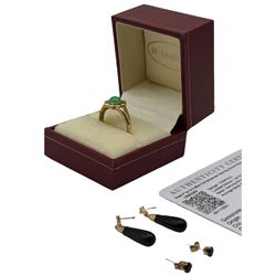 Silver-gilt chrysoprase flower ring, boxed with authenticity certificate, together with two pairs of 9ct gold earrings