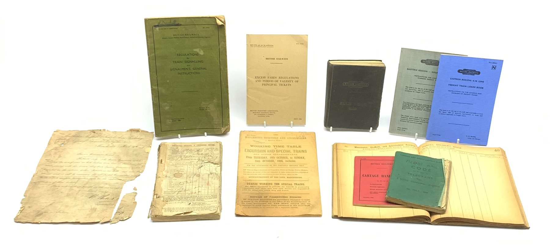  Manchester, Sheffield and Lincolnshire Railway - manuscript Waybill Counterfoil Book, Parcel Delivery Book and Working Timetable of Excursion and Special Trains, all dated 1894, and 1877 manuscript circular regarding Season Excursion Tickets with charges verso, LNER Telegram Code Book 1939 and six BR publications  