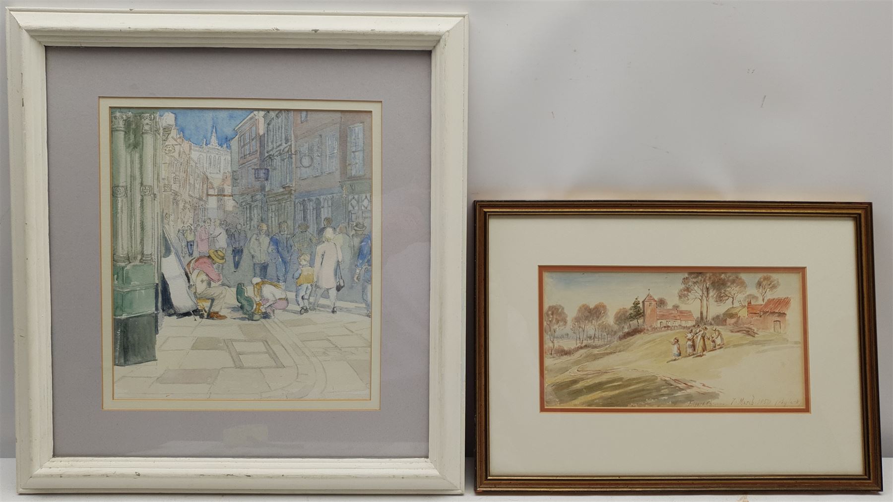 Frank Lupton (British Contemporary): 'Tuning Up' - Stonegate York, watercolour signed, titled verso 28cm x 24.5cm; 'Fulford Church', watercolour titled and dated 7th March 1850, 14cm x 26cm (2)