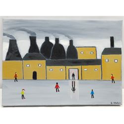 Barry Stokes (Northern British Contemporary): 'Pottery Factory', oil on canvas signed 25cm x 35cm