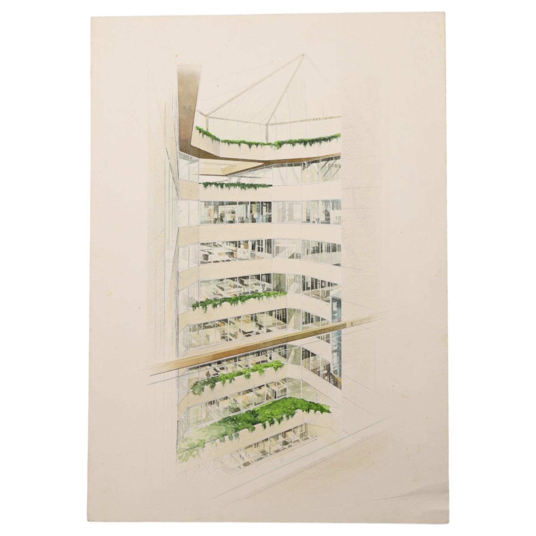 Graham Howard (British 20th Century): Architectural interior of 80 Cheapside - London, watercolour heightened with white unsigned 52cm x 36.5cm (unframed)