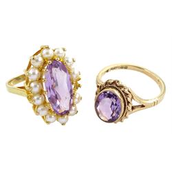 Gold single stone amethyst ring and a gold amethyst and pearl cluster ring, both hallmarked 9ct