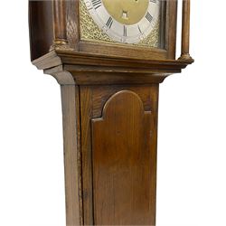 Jeremiah Henderson of Scarborough - 8-day longcase clock in an Elm case c1765,  with a flat top and broad cornice, square hood door flanked by two plain turned pilasters with gesso capitals, long trunk with a conforming door and break arch top, square brass dial with a matted centre, cast spandrels and ringed winding holes, silvered chapter ring with Roman numerals, five minute Arabic's, minute track and finely pierced matching steel hands, dial pinned to a rack striking movement with an anchor escapement. With weights and pendulum. Jeremiah Henderson was the son of Robert Henderson, the first recorded clockmaker in Scarborough. 