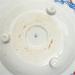 Japanese Edo period hexagonal dish with gilt decoration, Japanese porcelain to include a Seto blue and white dish, of square lobed form, four character mark to base, W18cm, Meiji Fukagawa Koransha imari circular dish on three ball feet, orchid mark to base D23cm, together with a matched pair of 19th century blue and white saucers, D16.5cm (4)