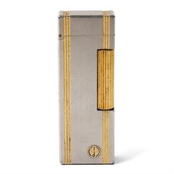 Dunhill - Rollagas lighter, silver-tone metal with gilt linear decoration and gilt ribbed ...