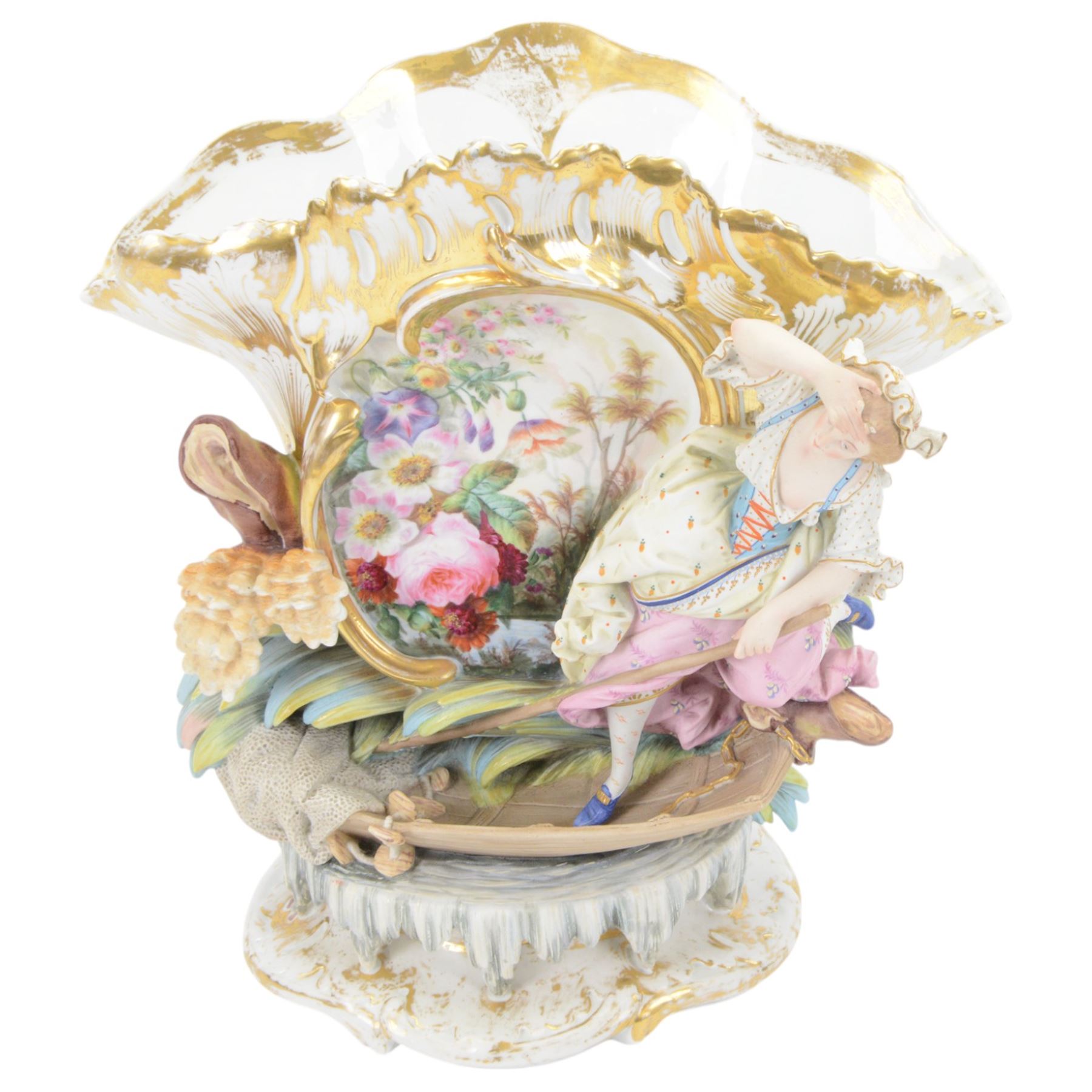19th century Continental part bisque and glazed porcelain vase, the fan shaped vase hand painted with a floral spray, upon a punt navigated by a female figure, H39.5cm W39cm
