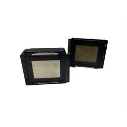 Zenza Bronica S2A medium format camera body, with Nikkor-P '1:2.8 f-75mm' lens, Zenza Bronica Zenzanon MC '1:3.5 f-150mm lens, Zenza Bronica Tele-Converter-E 2x, and two additional film cases. in a Billingham camera bag