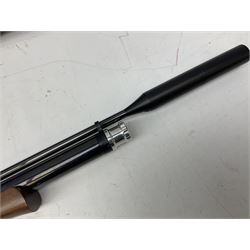 Air Arms Model S410F Classic .177 multi-shot compressed air rifle with bolt action, underside pressure gauge, chequered pistol grip, moderator and Hawke Sport HD 3-9x50 scope L112cm; in Anglo Arms camouflage sleeve with spares, tool kit, magazine and instruction manual