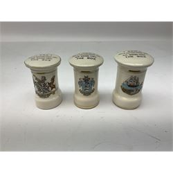 Collection of Post Box money boxes comprising ceramic, tin plate and plastic models, to include Crested Ware money boxes bearing motto ‘I Can’t Get a Letter From You So Send You The Box’ etc in three boxes