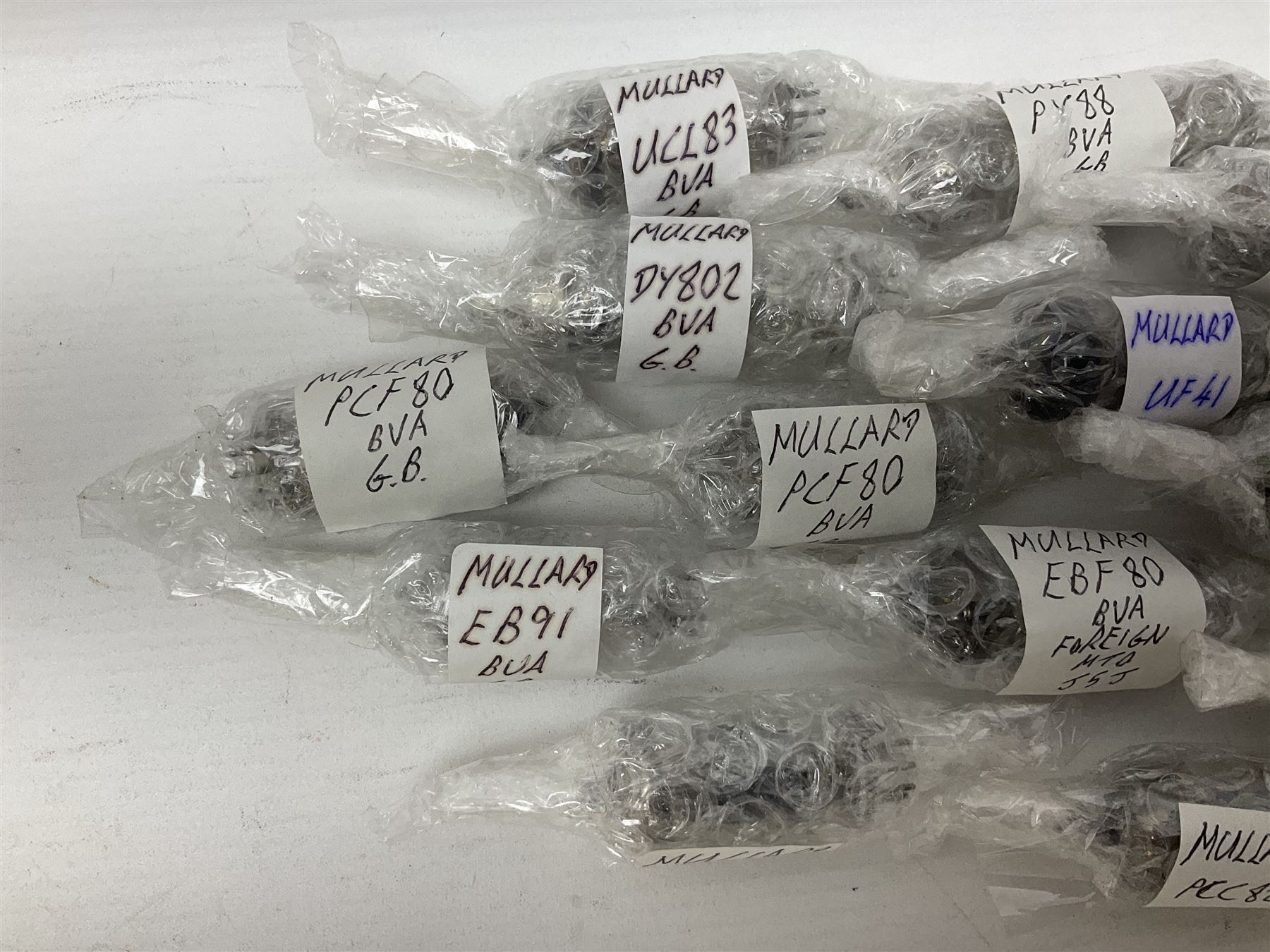 Collection of Mullard thermionic radio valves/vacuum tubes, including IW3, ECH35, ECL80, 6F23, PY88 etc approximately 60 as per list, unboxed