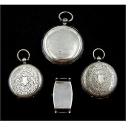 Victorian silver open face key wound pocket watch, No. 16789, Chester 1889, two silver open face cylinder ladies pocket watches and a silver rectangular wristwatch, case by 	J W Benson Ltd, Glasgow import mark 1932 (4)