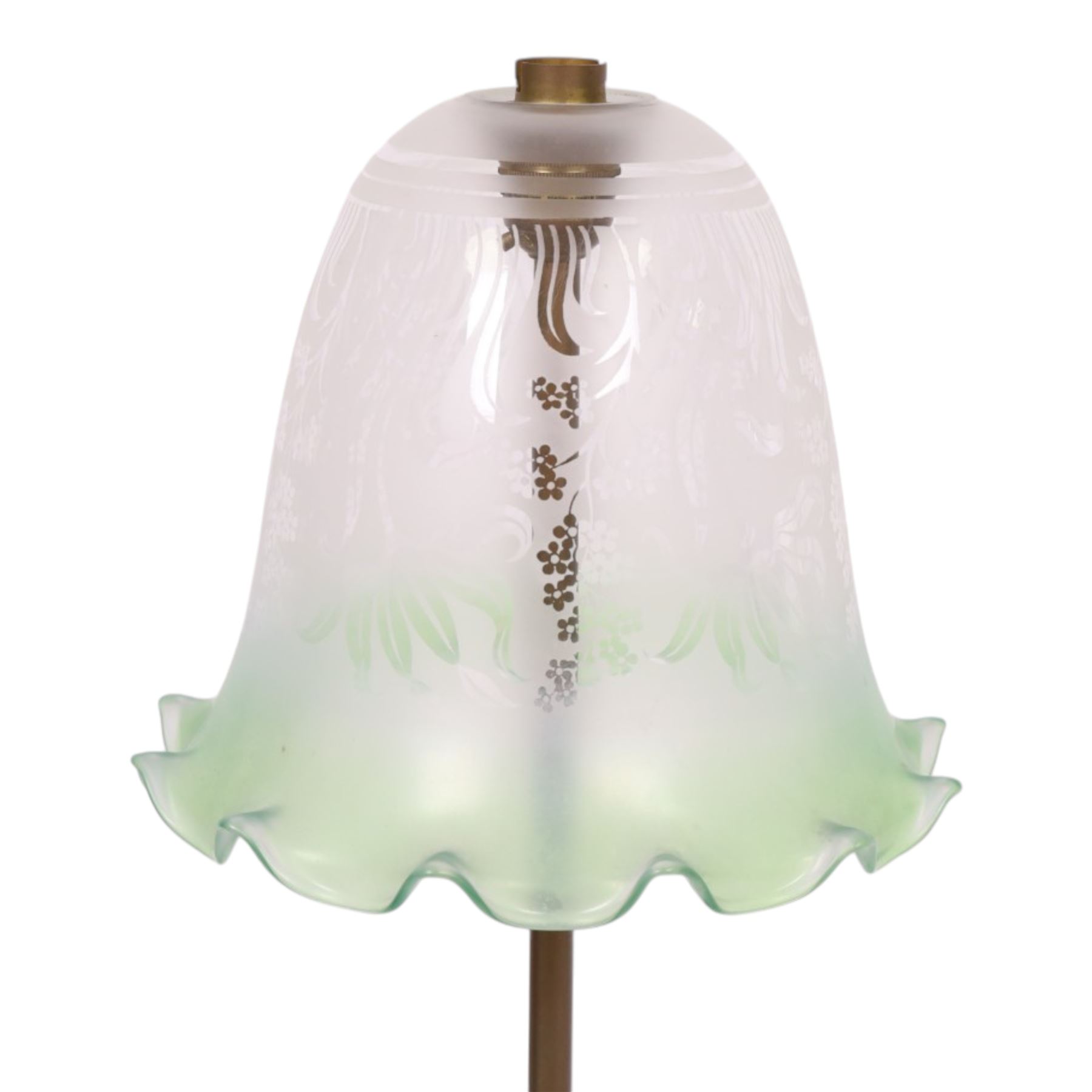 Early 20th century brass table uplight lamp with etched glass shade with fluted rim, H76cm