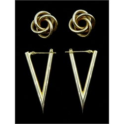 Pair of contemporary design triangular earrings and a pair of gold knot earrings, both hallmarked 9ct, approx 6.2gm