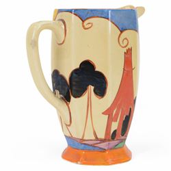 Clarice Cliff Summerhouse pattern, Athens shape jug, circa 1930, with printed Fantasque mark beneath, H16cm