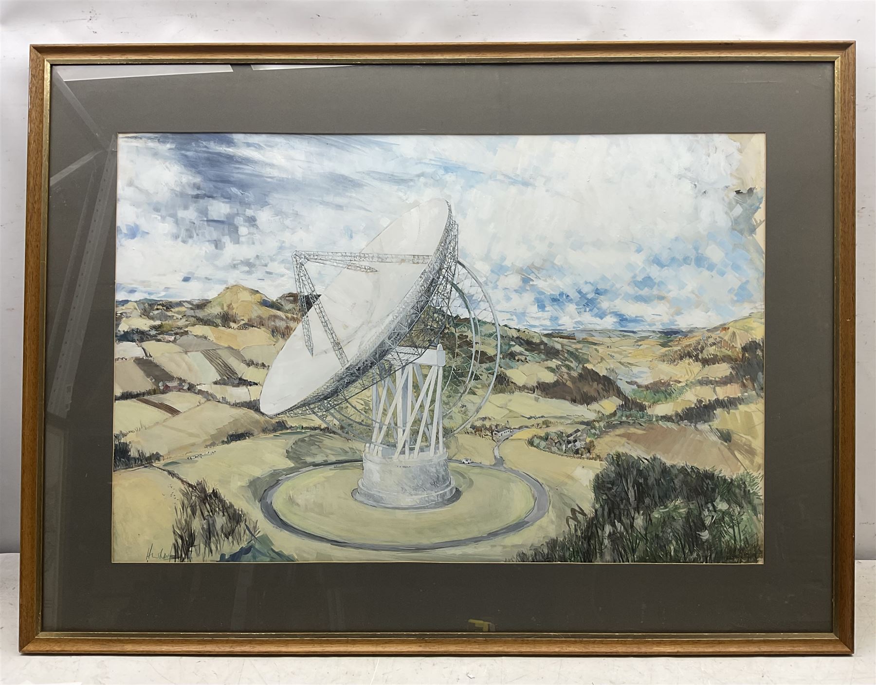 Harold Wharfe (British 20th Century): Jodrell Bank Observatory, cubist style watercolour and gouache signed 60cm x 90cm 