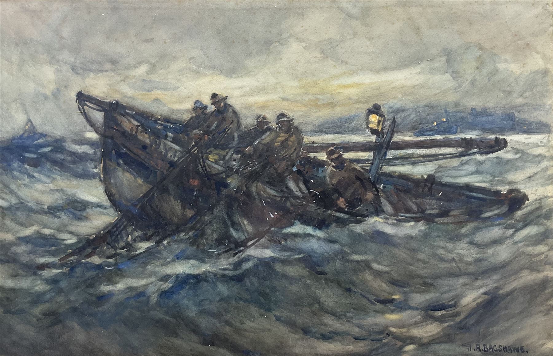 Joseph Richard Bagshawe (Staithes Group 1870-1909): Hauling the Nets off Whitby, watercolour signed 38cm x 59cm 
