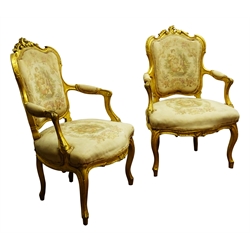  Pair of late 19th century French Fauteils, carved and moulded gilt frames with upholstered back and serpentine seat on cabriole legs, H94cm (2)  