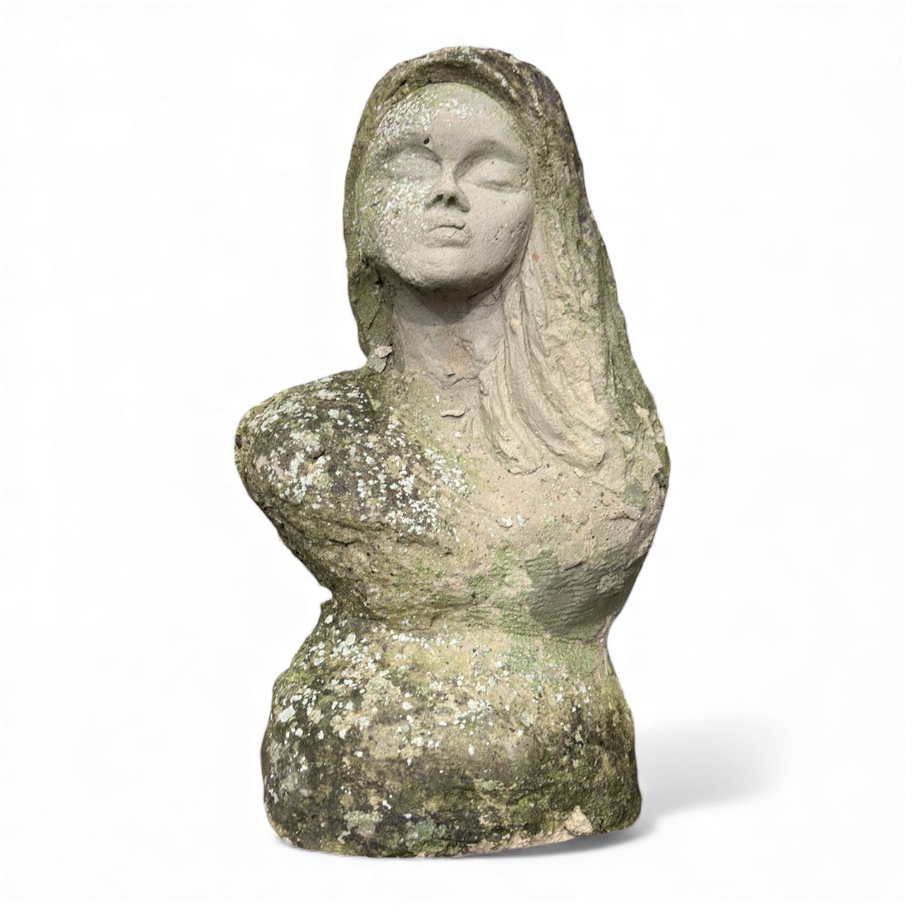 Two large cast stone figures with small lion and face stone pieces