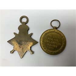 WW1 group of three medals comprising 1914-15 Star awarded to L-Cpl. W.J. Horspool R.War.R., British War Medal and Victory Medal awarded to A. Cpl. W.J. Horspool R.War.R.; WW1 British War Medal awarded to 3-8755 W.O.Cl.2. S. Paterson North'd Fus.; and hallmarked silver and enamel Northumberland Football Association Junior Cup Runners Up fob 1921-22 on silver chain (5)