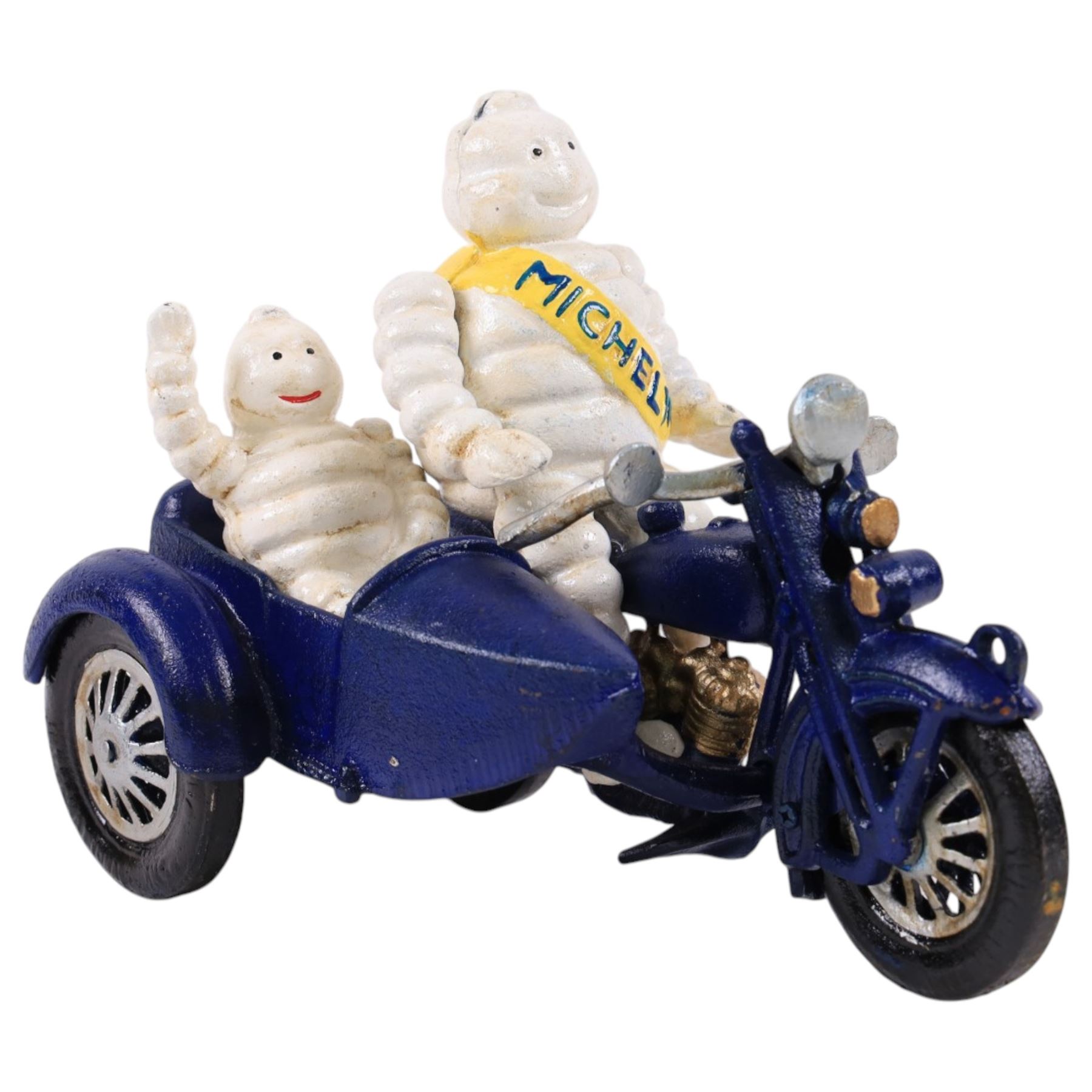 Cast iron figure, modelled as a Michelin man upon a motorbike, H18cm